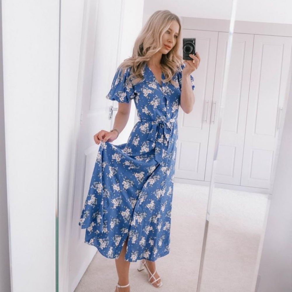 River Island floral button through midi dress in blue NWOT